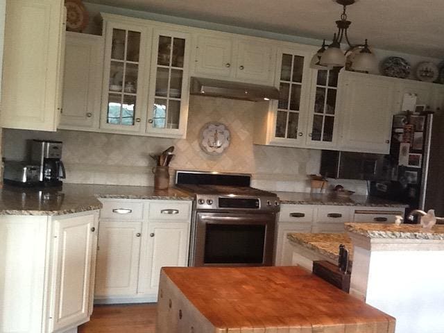 kitchen with tasteful backsplash, glass insert cabinets, electric stove, and under cabinet range hood