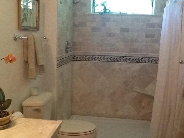 bathroom with toilet and a tile shower