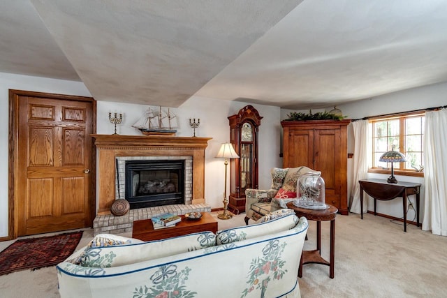 living room with a fireplace, baseboards, and light carpet