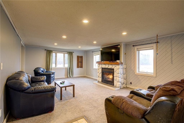 living area with carpet, ornamental molding, a textured ceiling, and a stone fireplace