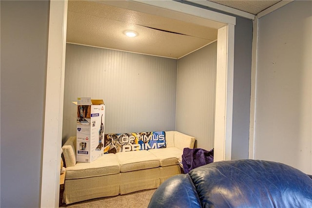 carpeted living room featuring a textured ceiling