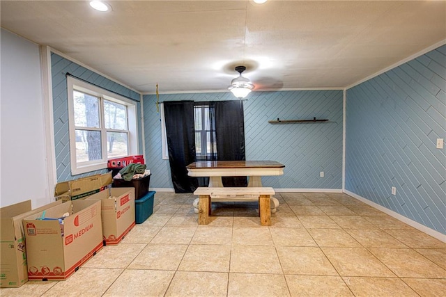 playroom with a ceiling fan, recessed lighting, light tile patterned flooring, and baseboards