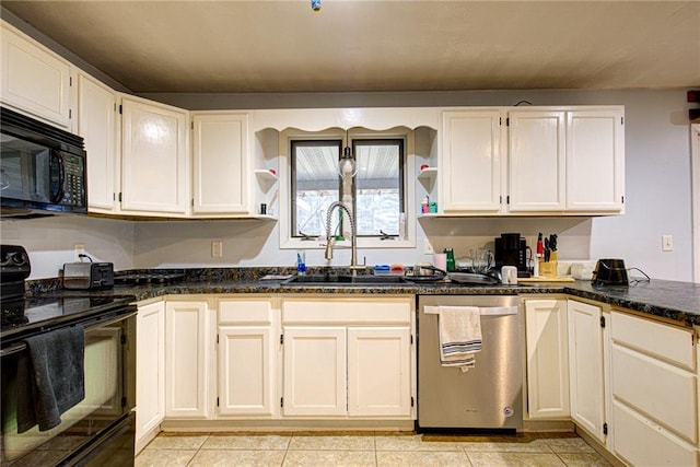 kitchen with light tile patterned floors, black appliances, white cabinetry, open shelves, and a sink