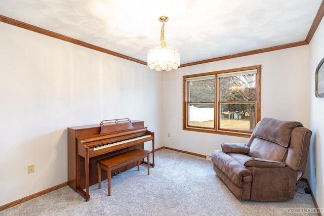 sitting room featuring a chandelier, light colored carpet, ornamental molding, and baseboards