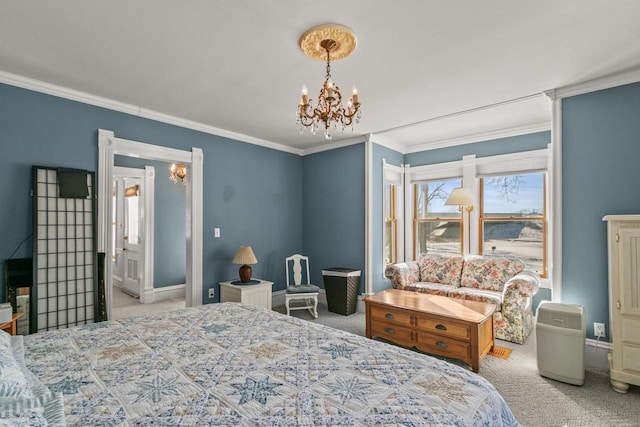 bedroom featuring a chandelier, carpet flooring, crown molding, and baseboards