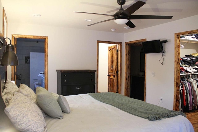 bedroom with a spacious closet, a ceiling fan, a closet, and wood finished floors