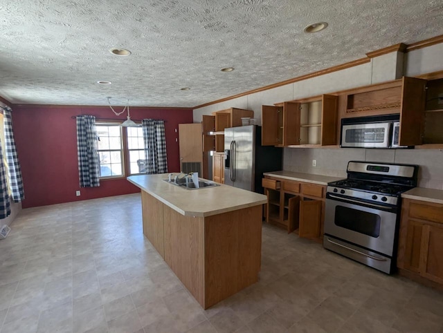 kitchen featuring open shelves, a kitchen island, stainless steel appliances, and a sink