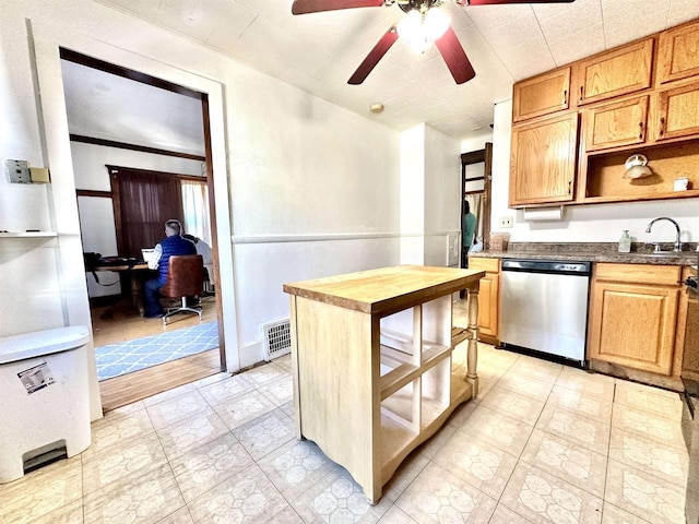 kitchen with a sink, visible vents, wooden counters, dishwasher, and open shelves