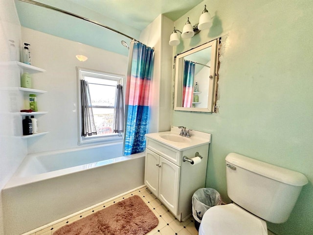 full bath featuring toilet, a tub, a shower with shower curtain, and vanity