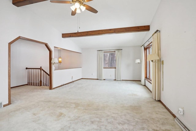 unfurnished living room with light carpet, visible vents, baseboards, a baseboard radiator, and vaulted ceiling with beams