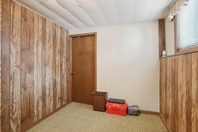 unfurnished room featuring wood walls and carpet