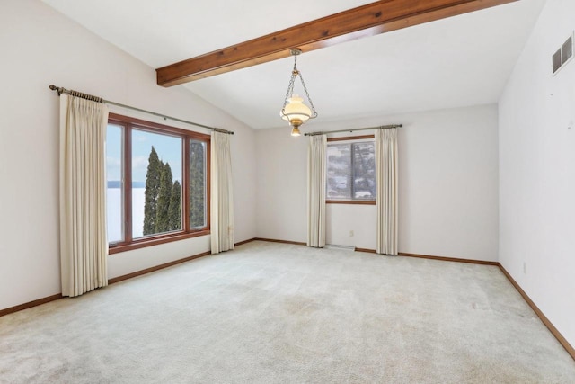 empty room with vaulted ceiling with beams, carpet floors, visible vents, and baseboards