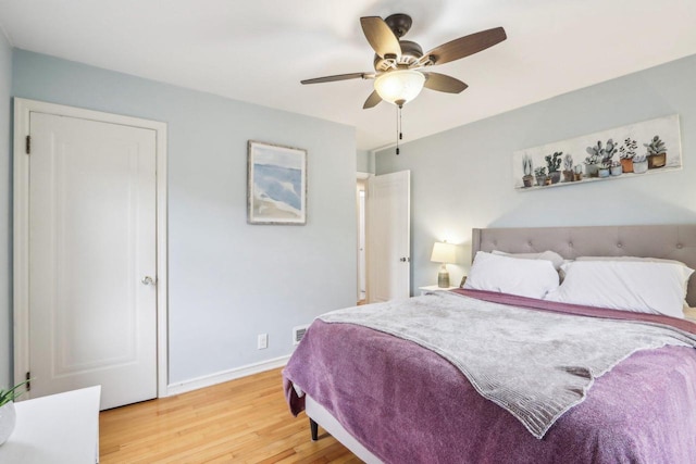 bedroom with light wood-style flooring, visible vents, baseboards, and ceiling fan