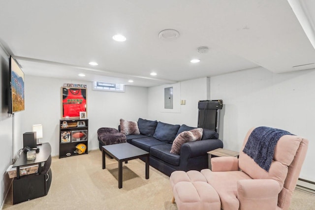 living room with light carpet, a baseboard radiator, electric panel, and recessed lighting