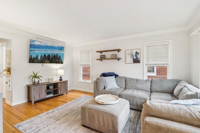 living room featuring baseboards, light wood-style flooring, and crown molding