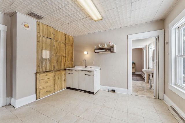 interior space with light countertops, a healthy amount of sunlight, visible vents, and a sink