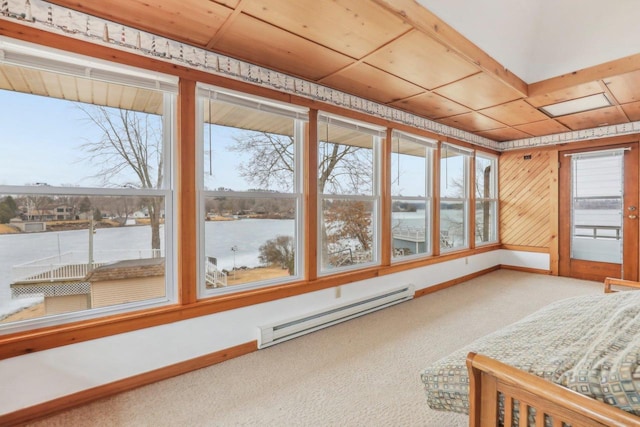 unfurnished sunroom with a water view, wooden ceiling, and baseboard heating