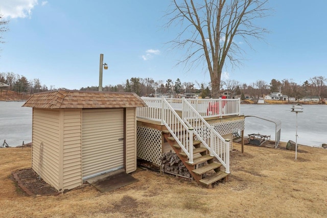 view of shed featuring stairway