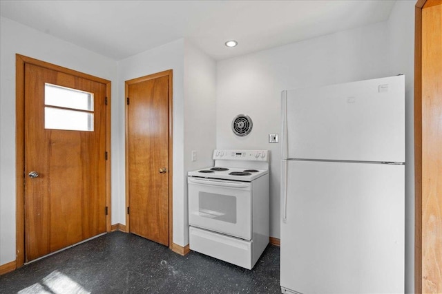 kitchen with baseboards, white appliances, and visible vents