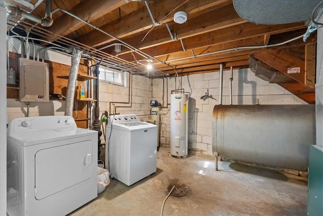 basement with electric panel, separate washer and dryer, electric water heater, and heating fuel