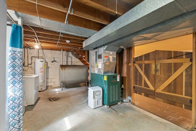 unfinished below grade area featuring washer / dryer, heating fuel, heating unit, and water heater