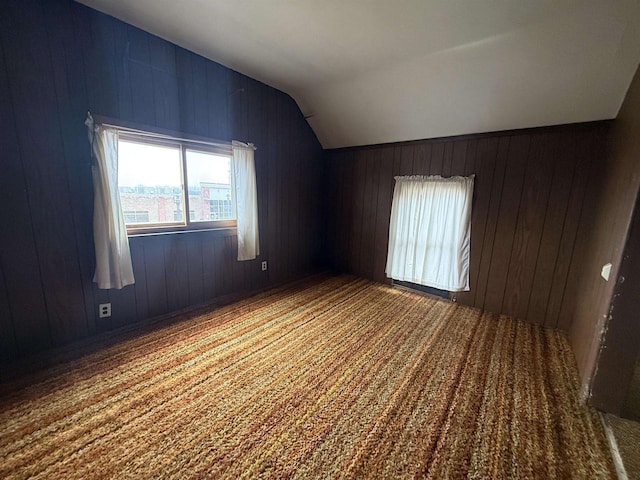 additional living space with lofted ceiling and wooden walls