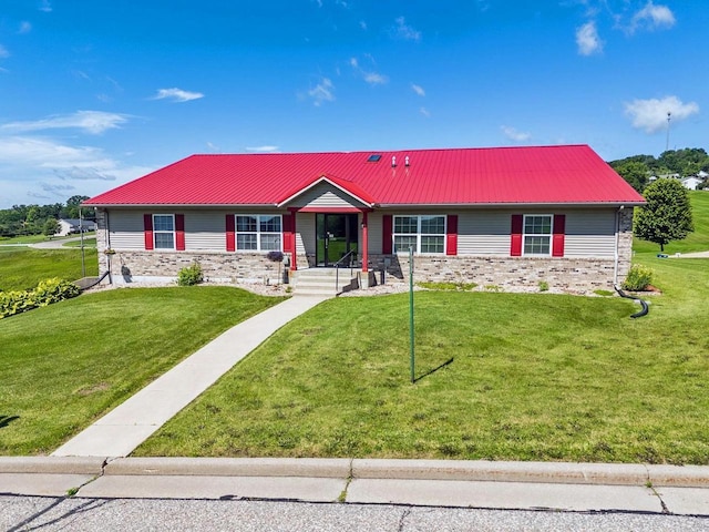 517 Darcy Dr, Hillsboro, WI 54634 - ranch-style house with metal roof, a front lawn, and brick siding