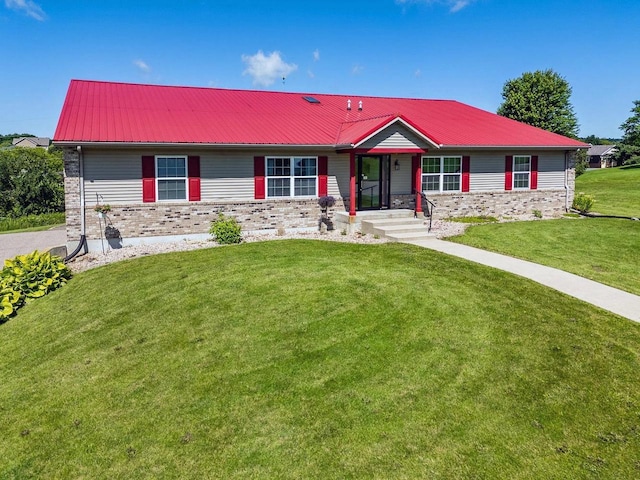 517 Darcy Dr, Hillsboro, WI 54634 - ranch-style house with a front yard, brick siding, and metal roof