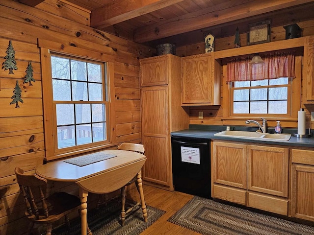 kitchen featuring beam ceiling, a sink, wooden walls, light wood-type flooring, and dishwasher