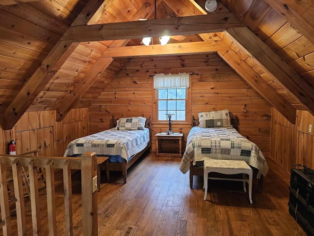 unfurnished bedroom with lofted ceiling with beams, wood-type flooring, wood ceiling, and wooden walls