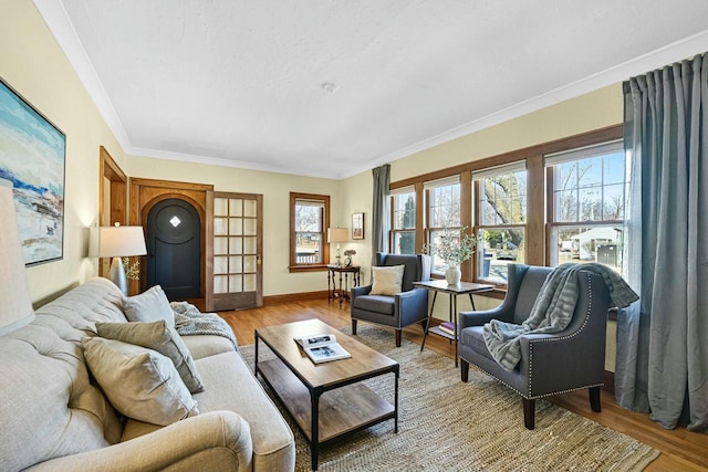 living area with baseboards, wood finished floors, and ornamental molding