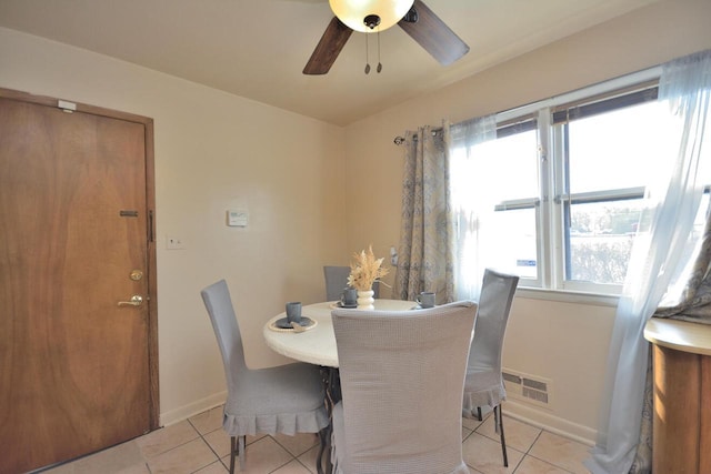 dining area with a ceiling fan, visible vents, baseboards, and light tile patterned floors