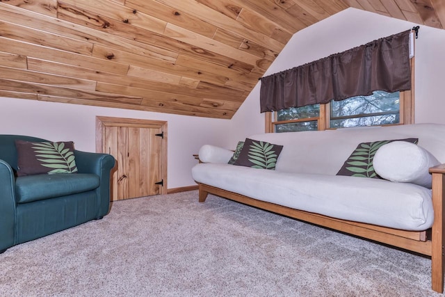 carpeted living area with lofted ceiling and wooden ceiling