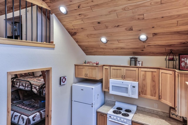 kitchen with white appliances, wood ceiling, vaulted ceiling, light countertops, and light brown cabinets