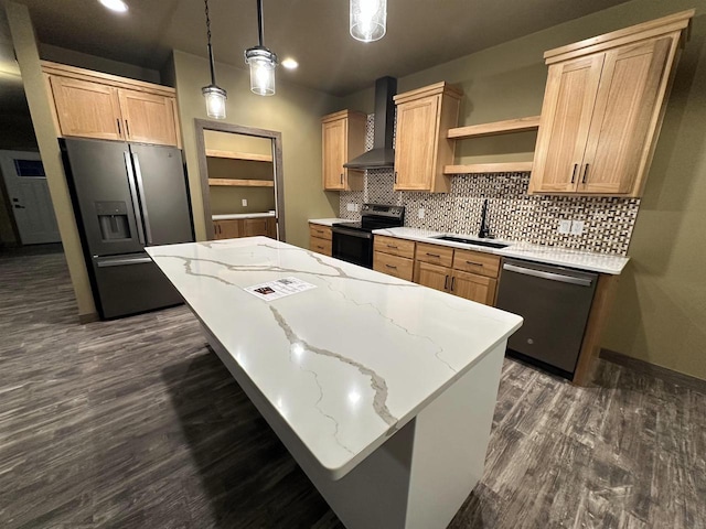 kitchen with wall chimney exhaust hood, a sink, stainless steel appliances, open shelves, and backsplash