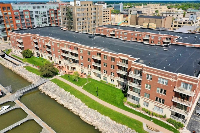 drone / aerial view featuring a water view