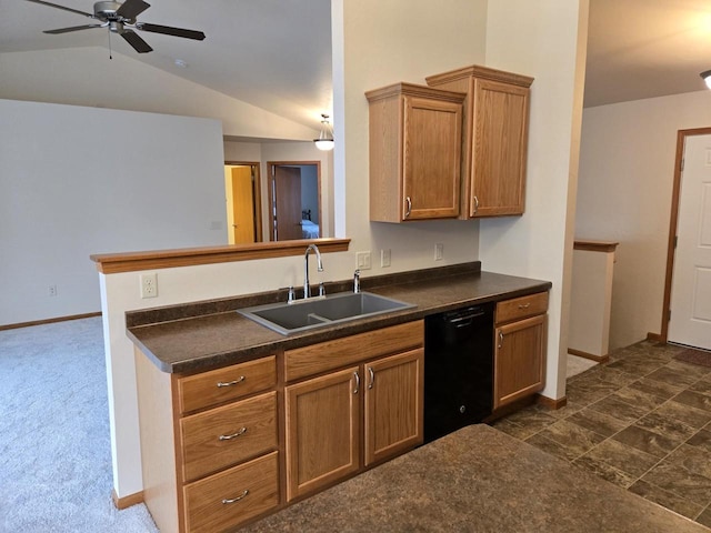 kitchen featuring black dishwasher, brown cabinetry, dark countertops, vaulted ceiling, and a sink