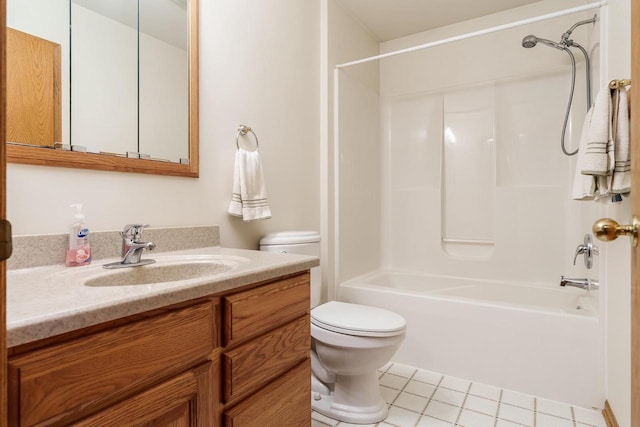 full bath featuring tile patterned flooring, shower / bath combination, vanity, and toilet