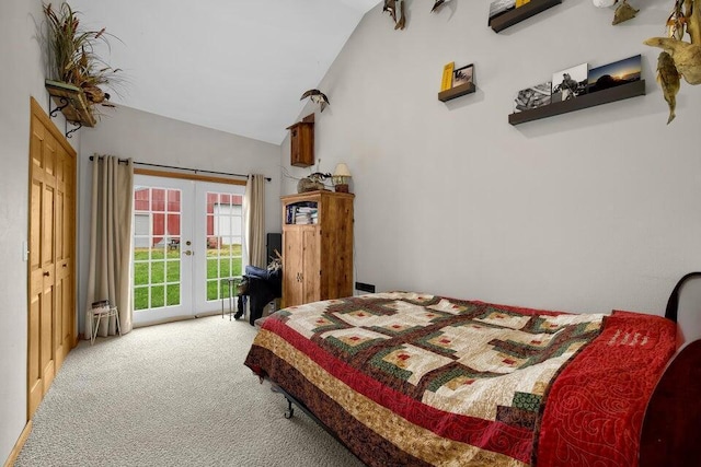 bedroom with lofted ceiling, access to exterior, carpet, and french doors