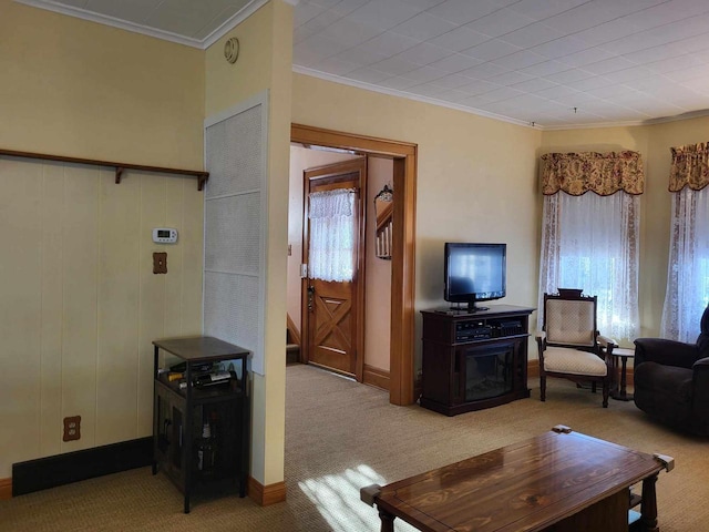 carpeted living room with ornamental molding