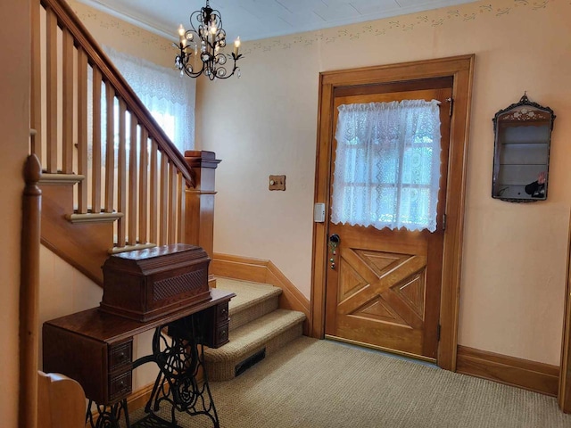 doorway featuring stairs, carpet, and plenty of natural light