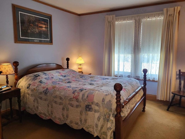 bedroom featuring crown molding and light colored carpet