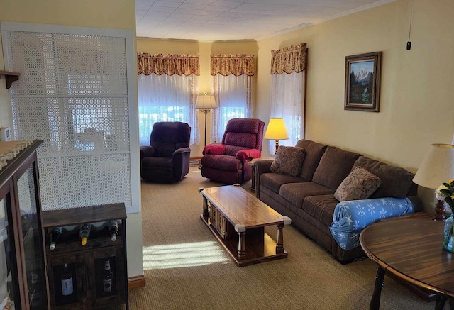 carpeted living area with ornamental molding