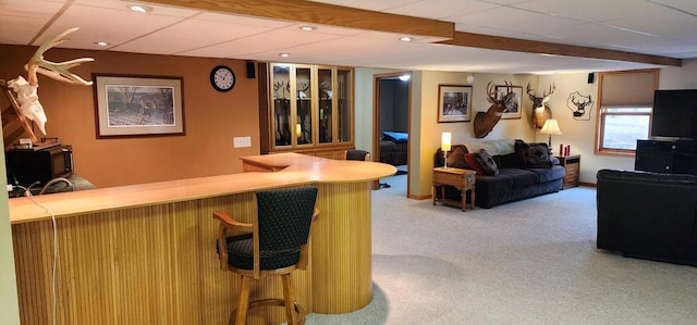 bar with a dry bar, carpet, and a paneled ceiling