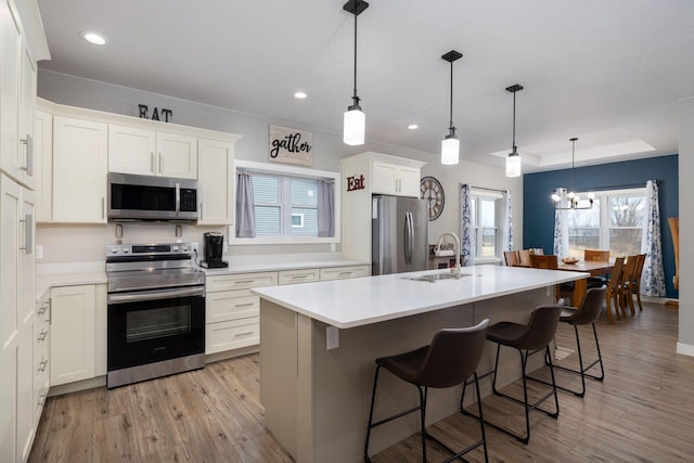 kitchen featuring a tray ceiling, light wood finished floors, stainless steel appliances, white cabinetry, and an island with sink