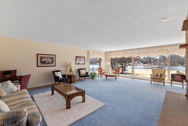 carpeted living room featuring a textured ceiling and baseboards