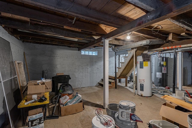 below grade area featuring electric water heater and stairway