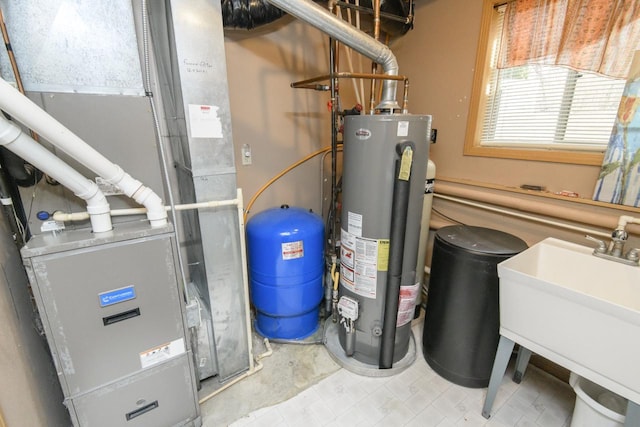 utility room featuring a sink, heating unit, and water heater