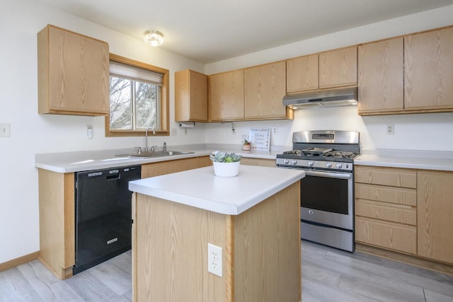 kitchen featuring dishwasher, light brown cabinets, under cabinet range hood, and stainless steel range with gas cooktop