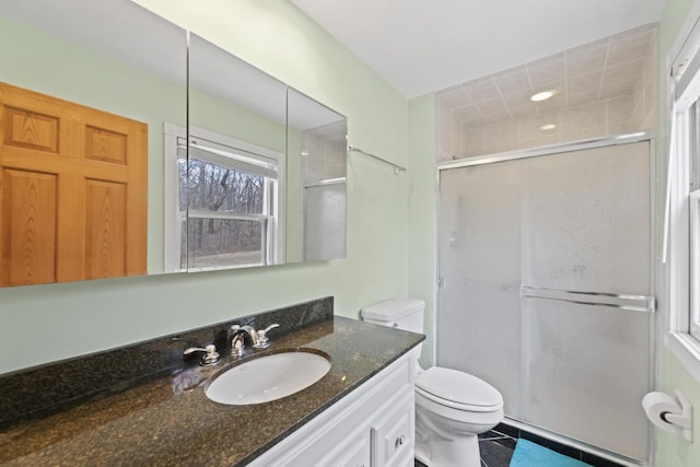 bathroom featuring vanity, toilet, and a stall shower